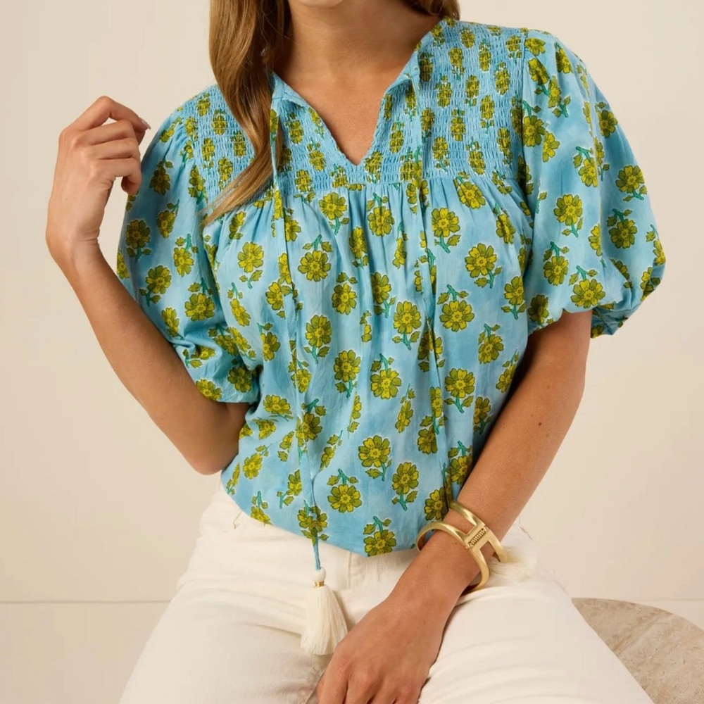 THML Green Puff Sleeve Blouse with Pleated Details